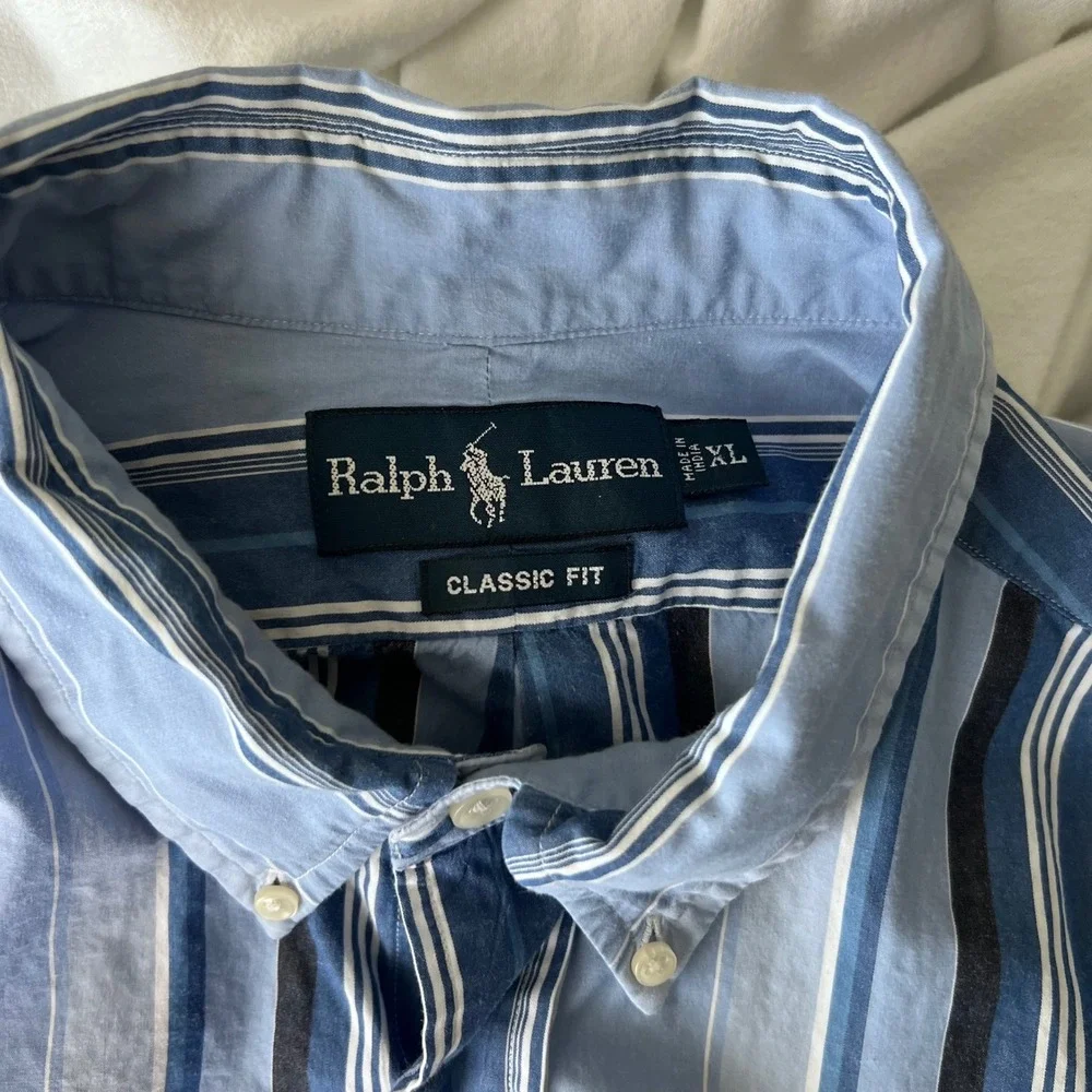 Vintage Polo Ralph Lauren Y2K Mens XL Classic Fit Blue Striped Button Down Shirt